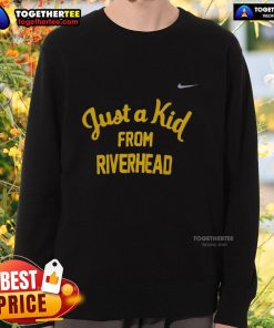 Official West Virginia Mountaineers 'Just A Kid From Riverhead' sweatshirt in navy blue, perfect for fans and casual wear.