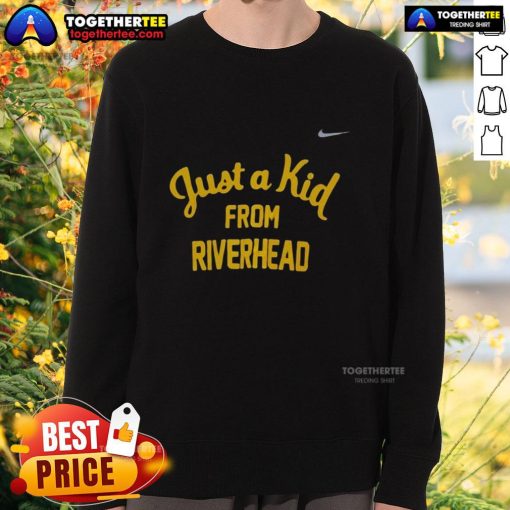 Official West Virginia Mountaineers 'Just A Kid From Riverhead' sweatshirt in navy blue, perfect for fans and casual wear.