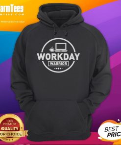 Official Workday Warrior Coffee logo on a laptop in an office setting, featuring a cozy hoodie.