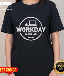 Official Workday Warrior Coffee logo on a laptop in an office setting with ladies wearing stylish tees.