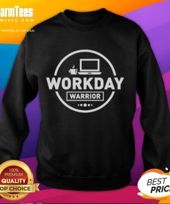 Official Workday Warrior Coffee logo on a laptop and office sweatshirt, showcasing a stylish work-from-home vibe.