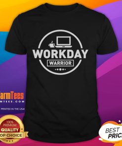 Alt Text: Official Workday Warrior Coffee logo featured on a stylish laptop office t-shirt, perfect for remote work attire.
