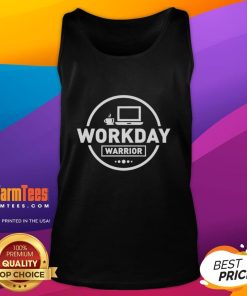 Official Workday Warrior Coffee logo on a laptop in an office setting with a tank top displayed nearby.