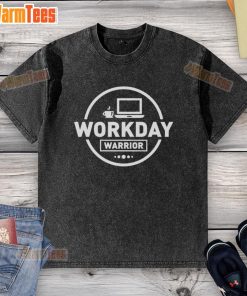 Alt Text: Official Workday Warrior Coffee logo on a laptop in an office setting, featuring a stylish washed t-shirt.
