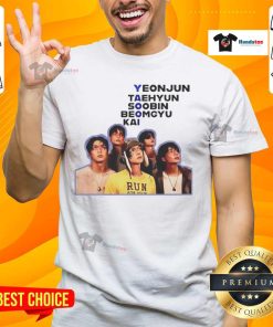 Official Yaoi Yeonjun Taehyun Soobin Beomgyu Kai T-Shirt featuring vibrant designs of popular K-pop idols in a stylish layout.