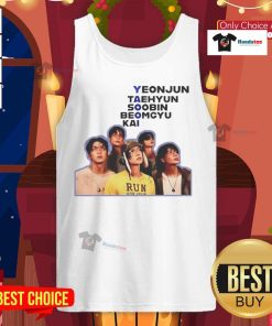 Alt Text: Official Yaoi tank top featuring Yeonjun, Taehyun, Soobin, Beomgyu, and Kai from TXT in vibrant design.