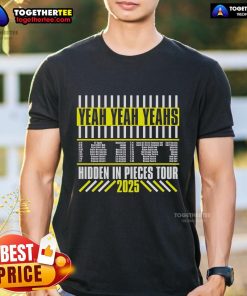 Official Yeah Yeah Yeahs Hidden In Pieces Tour T-Shirt featuring vibrant graphics and tour details for fans.