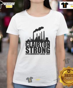 Original Clairton Strong Steelworkers Local 1557 Ladies Tee in vibrant colors, showcasing union pride and style.