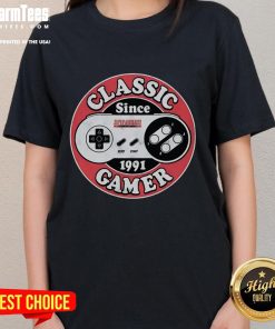 Original Classic Gamer Since 1991 Super Nintendo Ladies Tee featuring retro gaming graphics and stylish design.