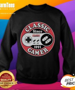 Original Classic Gamer Since 1991 Super Nintendo Sweatshirt featuring retro gaming design and vibrant colors.