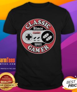 Original Classic Gamer Since 1991 Super Nintendo T-Shirt featuring retro gaming design and vibrant colors.