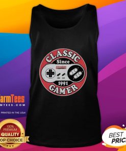 Original Classic Gamer Since 1991 Super Nintendo Tank Top featuring retro gaming graphics and vibrant colors.