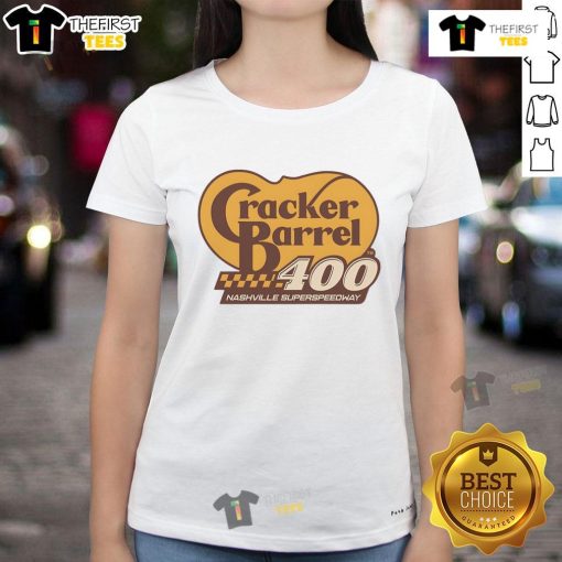 Alt Text: 2025 Original Cracker Barrel Cup Race at Nashville Superspeedway - Ladies Tee featuring race-themed design.