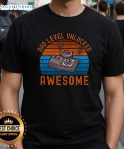 Original Dad Level Unlocked Retro Gamer Sunset T-Shirt design featuring a colorful sunset and vintage gaming graphics.