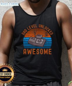 Original Dad Level Unlocked Retro Gamer Sunset Tank Top featuring a vibrant sunset graphic and gaming icons.