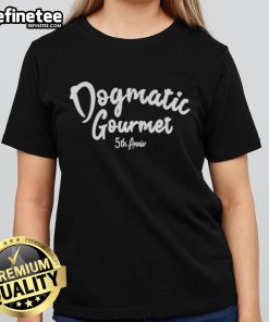 Alt Text: Original Dogmatic Gourmet 5th Anniversary Ladies Tee in vibrant colors, perfect for stylish casual wear.
