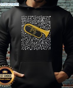 Alt Text: Original Flugelhorn hoodie featuring musical notes and a horn player, perfect for brass musicians and music lovers.
