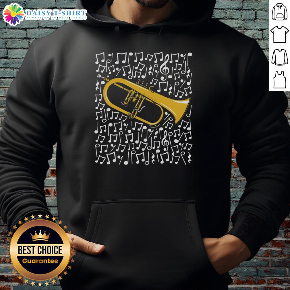 Original Flugelhorn Musical Notes Horn Player Brass Musician Hoodie Alt Text: Original Flugelhorn hoodie featuring musical notes and a horn player, perfect for brass musicians and music lovers.