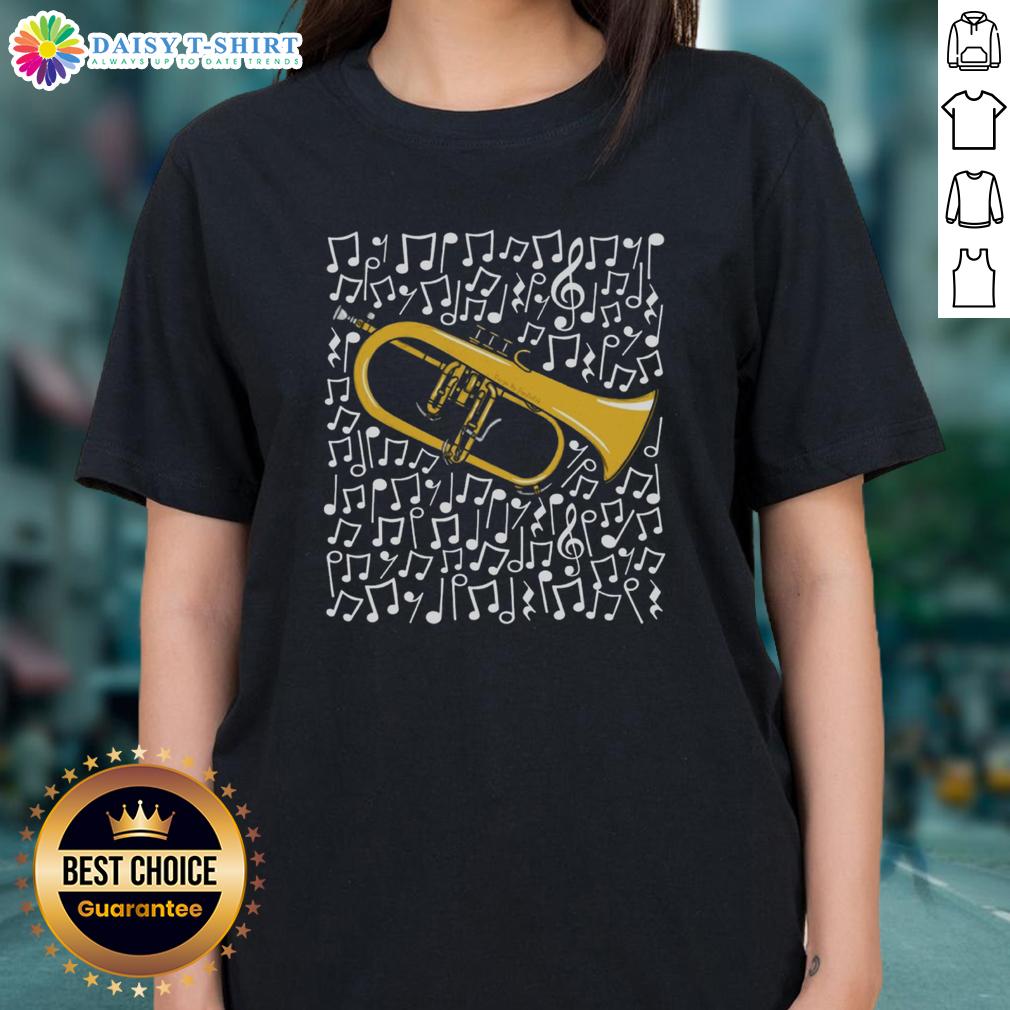 Original Flugelhorn Musical Notes Horn Player Brass Musician Ladies Tee Alt Text: Original Flugelhorn with musical notes, showcasing a brass musician, perfect for ladies' tee designs.