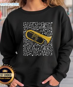 Alt Text: Original Flugelhorn sweatshirt featuring musical notes and a horn player, perfect for brass musicians and music lovers.
