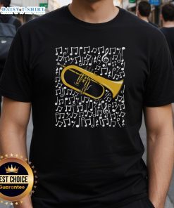 Alt Text: Original Flugelhorn musical notes design featuring a horn player, perfect for brass musician enthusiasts T-shirt.