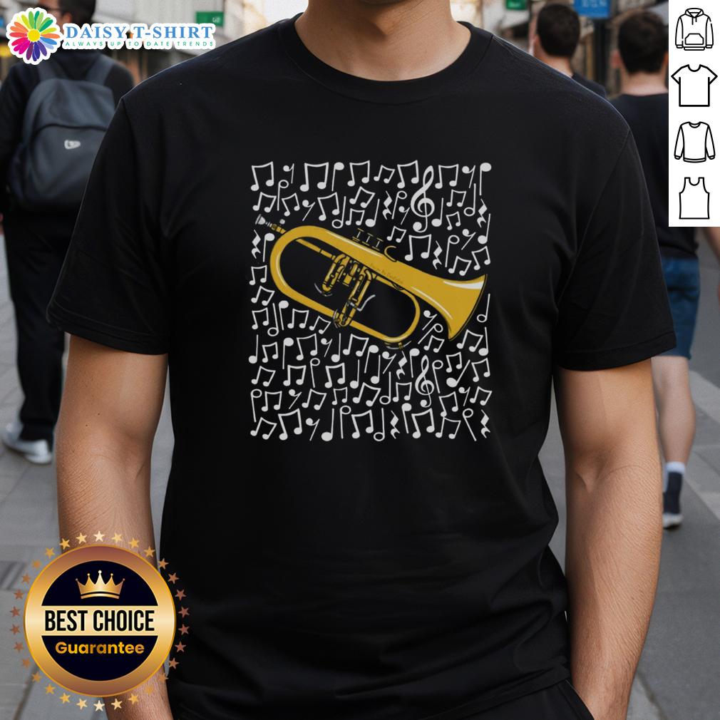 Original Flugelhorn Musical Notes Horn Player Brass Musician T Shirt Alt Text: Original Flugelhorn musical notes design featuring a horn player, perfect for brass musician enthusiasts T-shirt.