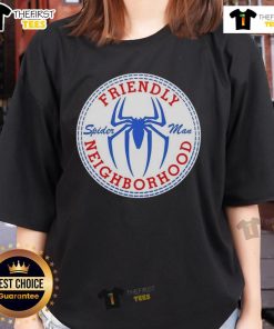Original Friendly Neighbor Spider-Man logo on a stylish ladies tee, perfect for fans of the iconic superhero.