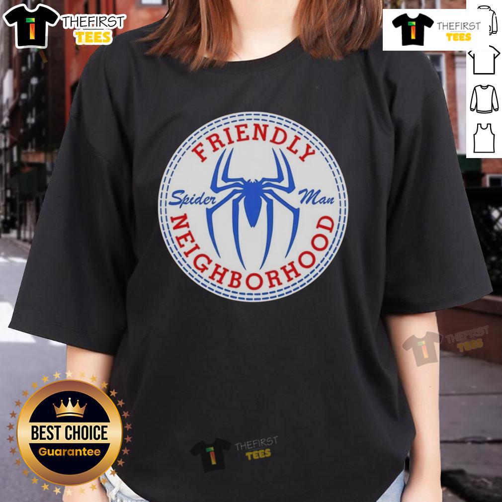 Original Friendly Neighbor Spider Man Logo Ladies Tee Original Friendly Neighbor Spider-Man logo on a stylish ladies tee, perfect for fans of the iconic superhero.