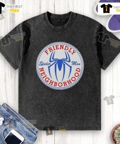 Alt Text: Original Friendly Neighbor Spider-Man logo on a washed t-shirt, showcasing a vintage comic style for fans.