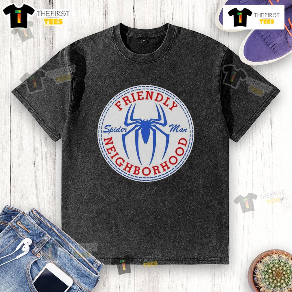 Original Friendly Neighbor Spider Man Logo Washed T Shirt Alt Text: Original Friendly Neighbor Spider-Man logo on a washed t-shirt, showcasing a vintage comic style for fans.