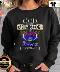 Original God First Family Second Florida Gators football sweatshirt in vibrant blue, perfect for fans and casual wear.