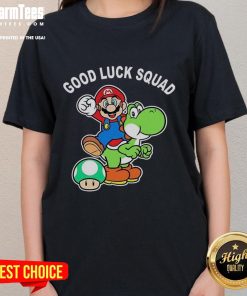 Original Good Luck Squad Super Mario Bros Ladies Tee featuring vibrant graphics of Mario and friends.