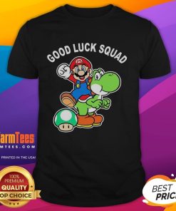 Original Good Luck Squad Super Mario Bros T-Shirt featuring iconic characters and vibrant colors for gaming fans.
