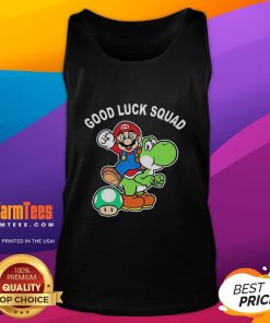 Alt Text: Original Good Luck Squad Super Mario Bros tank top featuring vibrant graphics of iconic Mario characters.