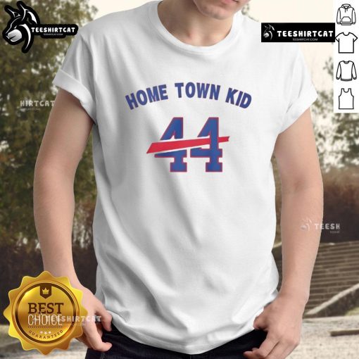 Alt Text: Original Home Town Kid 44 Buffalo Bills T-Shirt displayed on a hanger, featuring team colors and logo, perfect for fans.