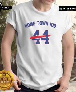 Alt Text: Original Home Town Kid 44 Buffalo Bills T-Shirt displayed on a hanger, featuring team colors and logo, perfect for fans.