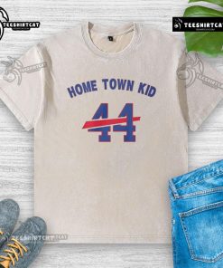 Original Home Town Kid 44 Buffalo Bills washed t-shirt displayed on a rustic wooden background for sports apparel enthusiasts.