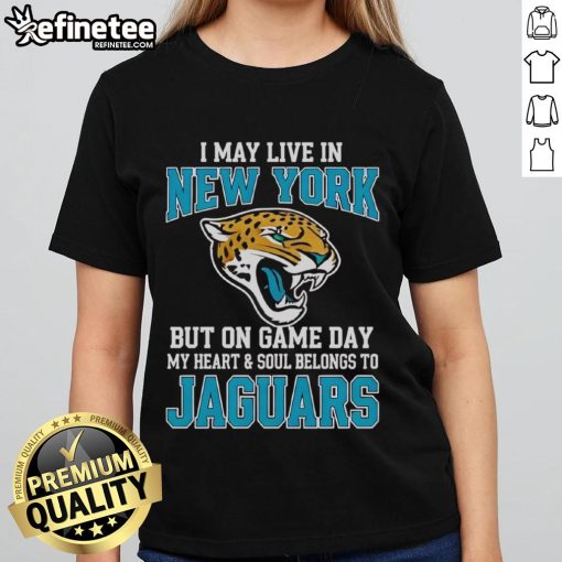 Alt Text: Ladies tee featuring 'I May Live In New York But My Heart Belongs To Jacksonville Jaguars' design