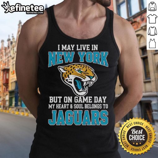 Jacksonville Jaguars tank top with 'I may live in New York but on game day my heart belongs to Jags' slogan.