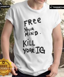 Joey Valence wearing a 'Free Your Mind Kill Your Ig' T-shirt, showcasing his unique style and artistic expression.