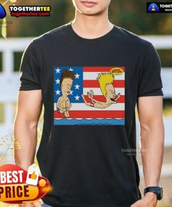 Alt Text: Original Junior's Beavis and Butt-Head July 4th T-shirt featuring iconic characters celebrating American beach vibes.