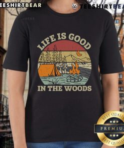 Original Life Is Good In The Wood Retro Sunset Ladies Tee showcasing a vibrant sunset design on a stylish women's t-shirt.