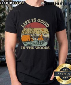Original Life Is Good In The Wood Retro Sunset T-Shirt featuring a vibrant sunset design, perfect for casual wear.
