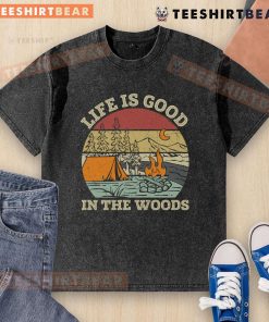 Original Life Is Good In The Wood Retro Sunset Washed T-Shirt featuring a vibrant sunset graphic on a soft tee.