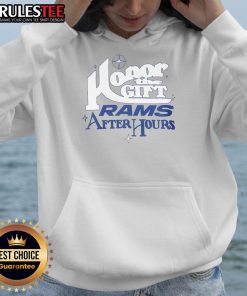 Alt Text: Original Los Angeles Rams Honor The Gift hoodie displayed on a mannequin, showcasing team colors and logo.