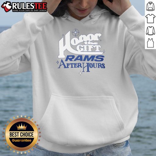 Alt Text: Original Los Angeles Rams Honor The Gift hoodie displayed on a mannequin, showcasing team colors and logo.