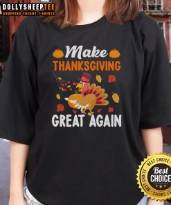 Alt Text: Original Make Thanksgiving Great Again turkey and pumpkin ladies tee, perfect for festive holiday celebrations.