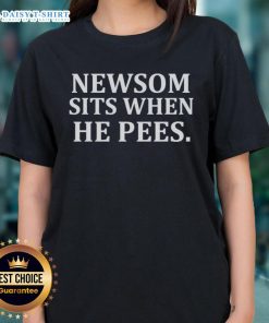 Original Newsom Sits When He Pees Ladies Tee - Fun graphic tee showcasing humor about gender norms and bathroom habits.