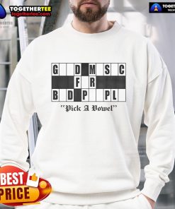 Alt Text: Original Pick A Vowel Good Music For Bad People logo sweatshirt featuring a stylish design and vibrant colors.