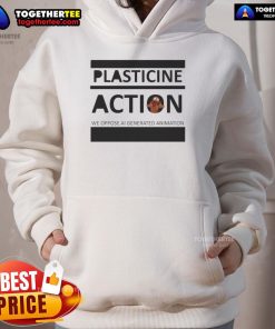Original Plasticine Action hoodie featuring 'We Oppose AI Generated Animation' graphic for creative expression.